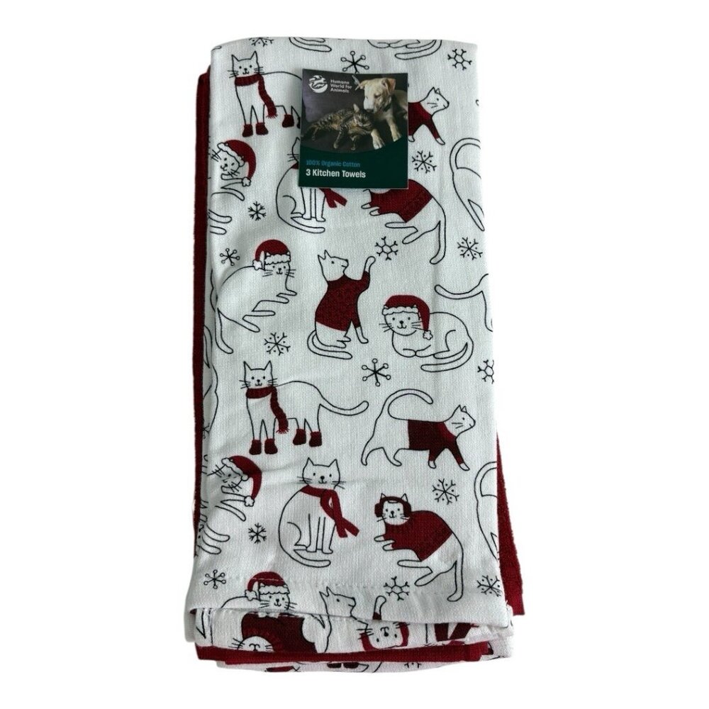 Humane World For Animals Kitchen Towels Cats Santa Hat Scarf White and Red NEW